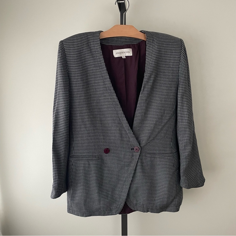 Vintage Jones New York Houndstooth Double Breasted Blazer Jacket Grey Size 10